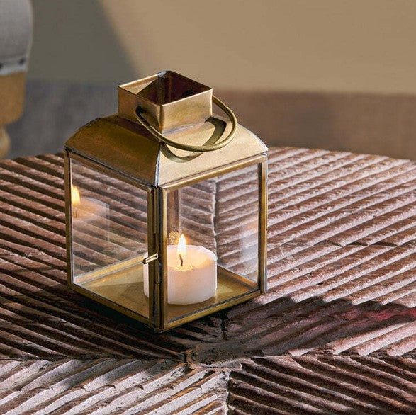 Nkuku Maro brass lantern with glass panels tealight holder