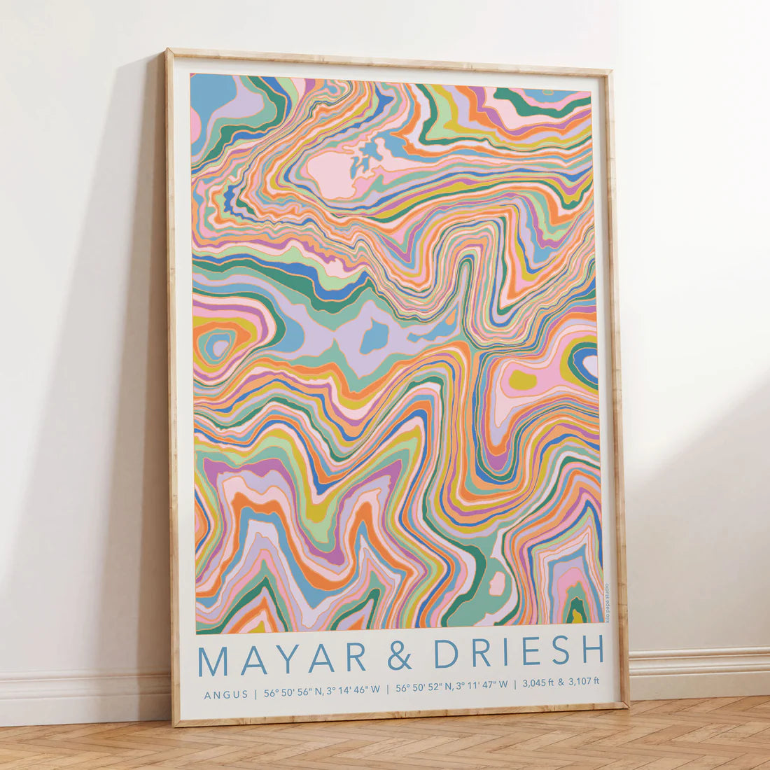 Colourful topographical contour map print of Mayar and Driesh peaks by Kilo Papa Studio in a bold modern poster style.