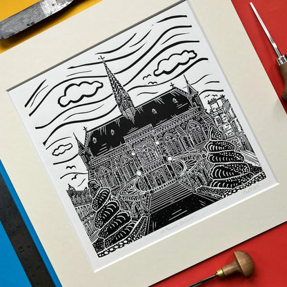 Square black-and-white linocut print of The McManus Art Gallery and Museum in Dundee by Pamela Scott, mounted in antique white.