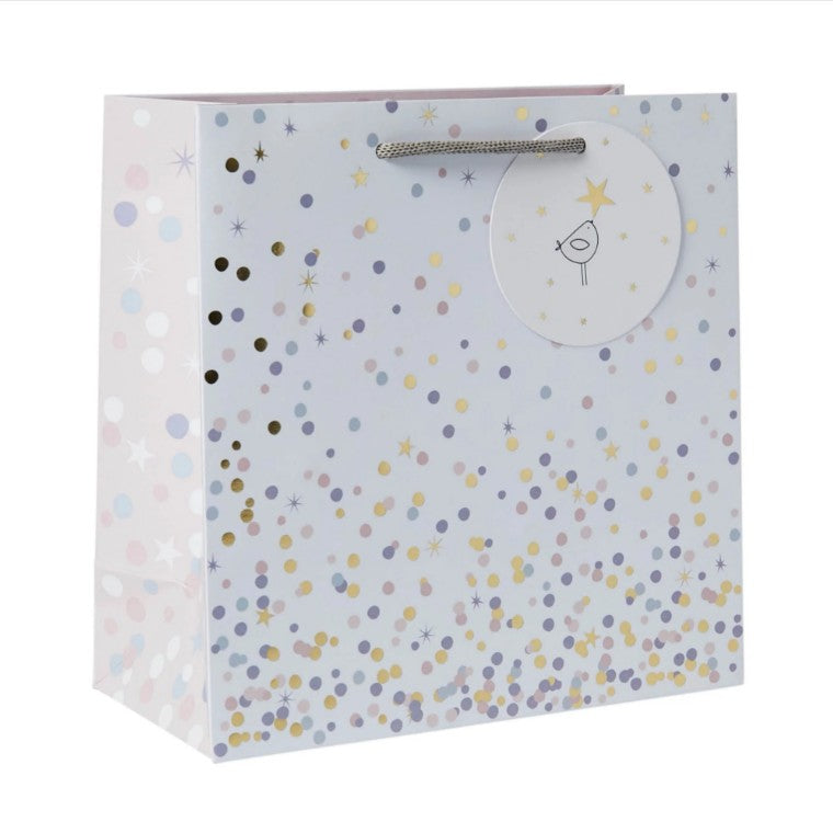 White and pretty pastel Belly Button medium gift bag with rope handles, tag and Confetti design