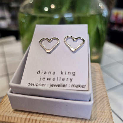 Diana King Jewellery sterling silver medium flat heart stud earrings featuring classic 15mm heart designs, handmade in Perthshire, Scotland.