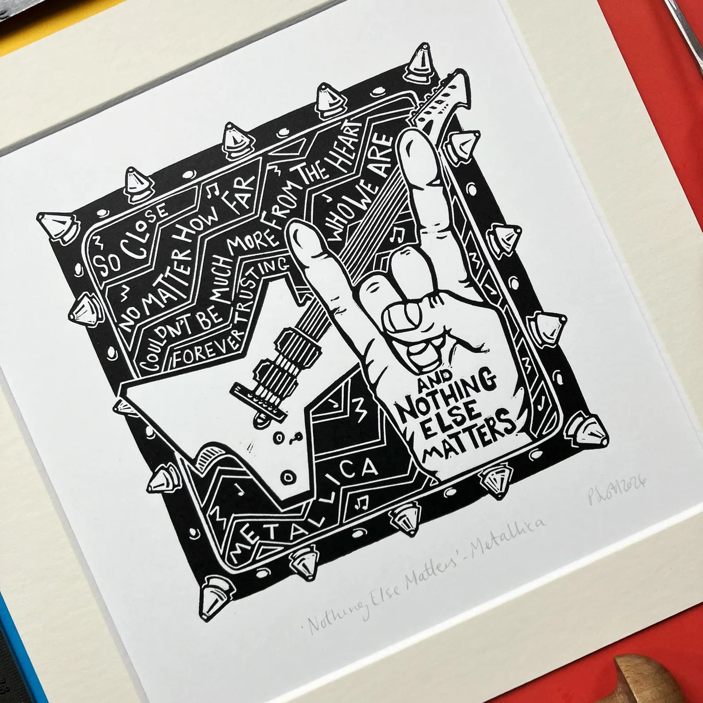 Nothing Else Matters original linocut print by Pamela Scott inspired by the Metallica song, signed and mounted
