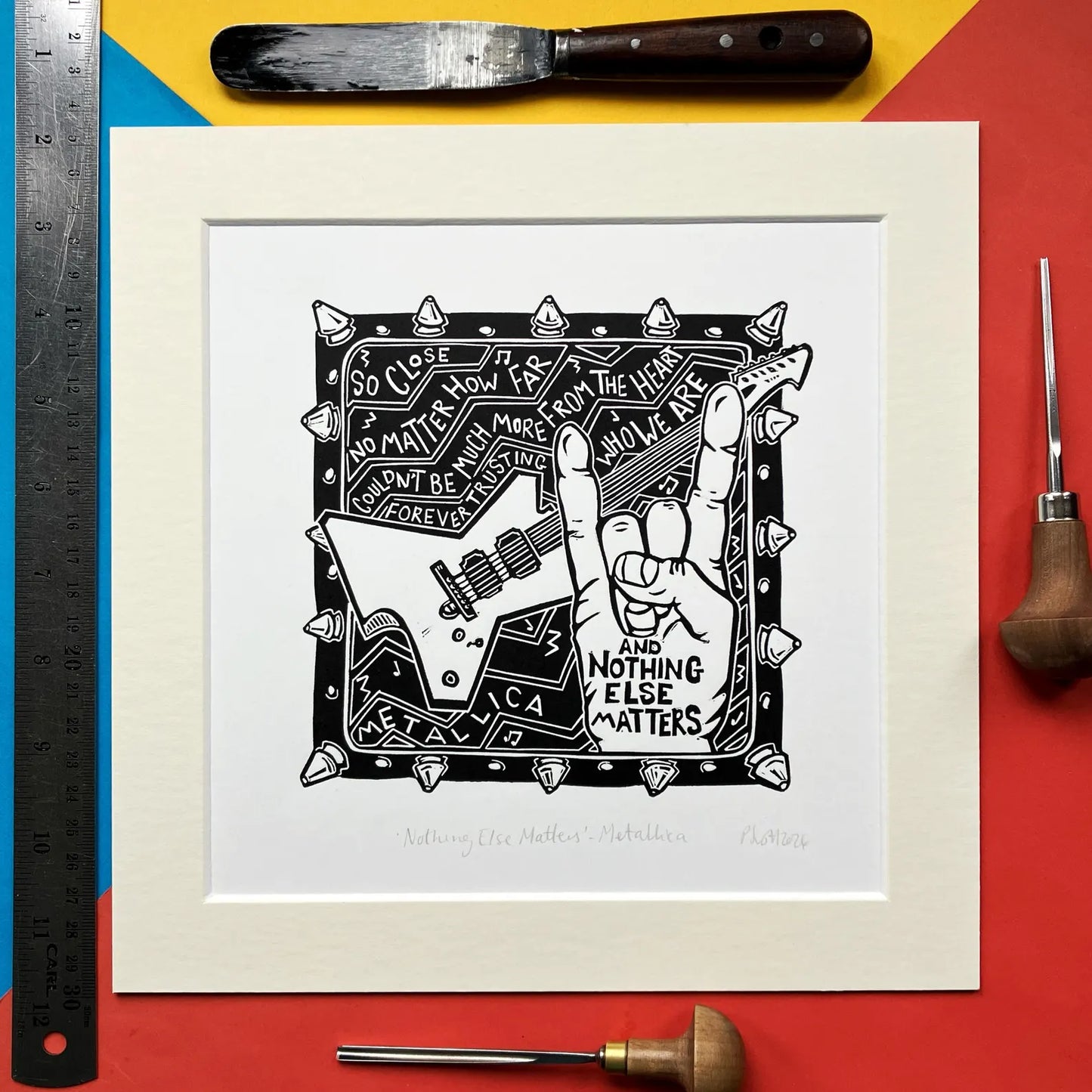 Nothing Else Matters original linocut print by Pamela Scott inspired by the Metallica song, signed and mounted