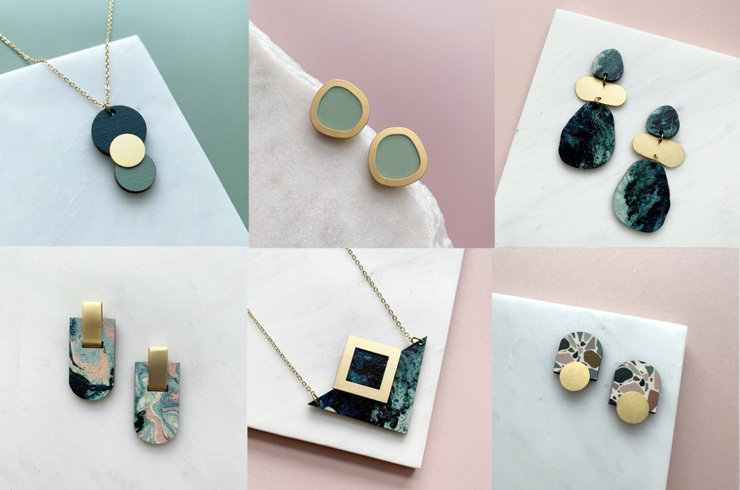 Collage of Mica Peet jewellery including necklaces and earrings on soft pink and white