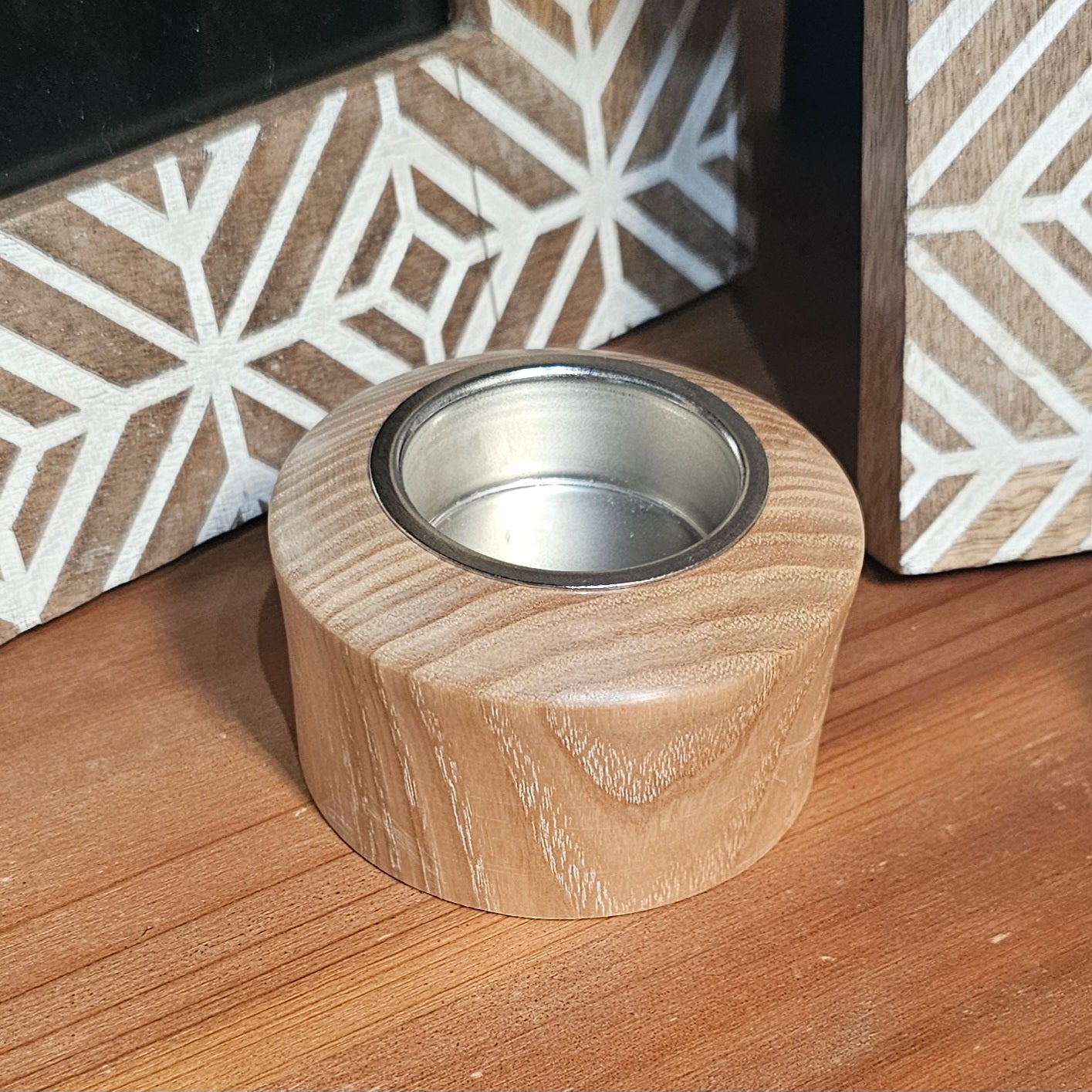Wooden tealight holders with silver centre handmade in Carnoustie