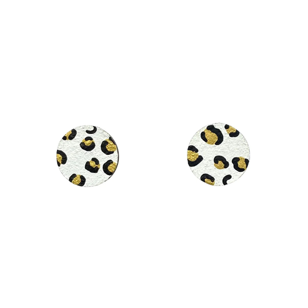 MINI LEOPARD PRINT CIRCLE STUDS - WHITE + GOLD
