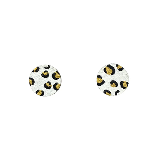 MINI LEOPARD PRINT CIRCLE STUDS - WHITE + GOLD