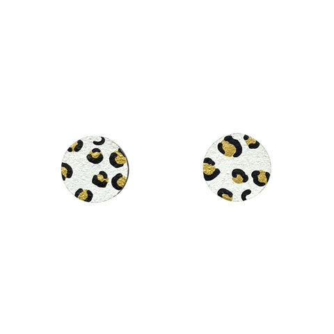 MINI LEOPARD PRINT CIRCLE STUDS - WHITE + GOLD