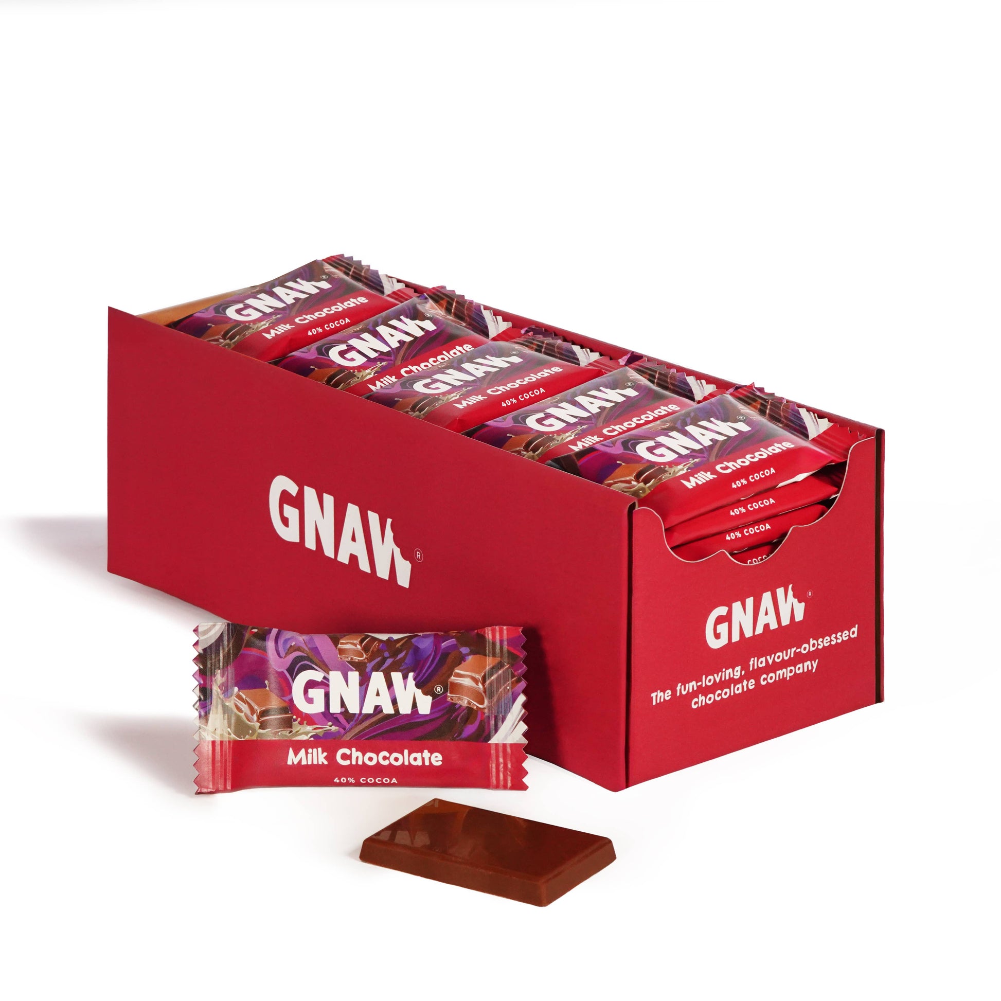 Gnaw 15g mini milk chocolate bar made with single-origin Colombian cocoa and smooth creamy milk chocolate