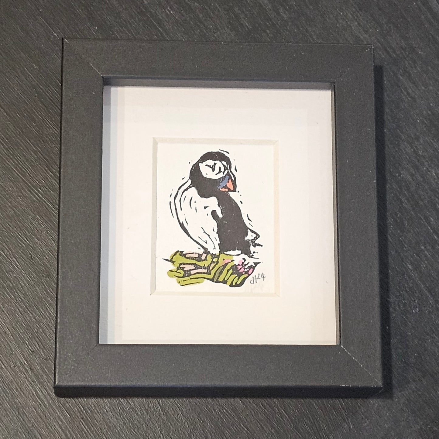 Puffin lino print framed BeeBirds Scottish seabird artwork