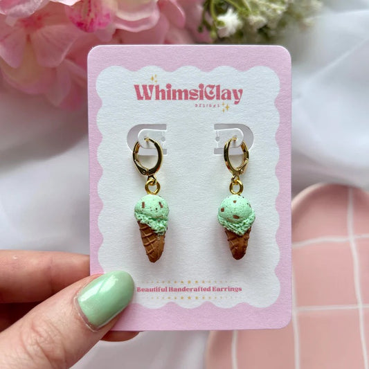 Playful polymer clay mint ice cream earrings with gold-plated hoops, lightweight and colourful for summer style or gifting