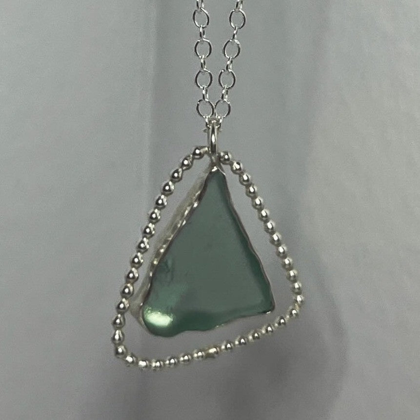 Sterling silver mint green sea glass pendant necklace handmade in Dundee with triangle design