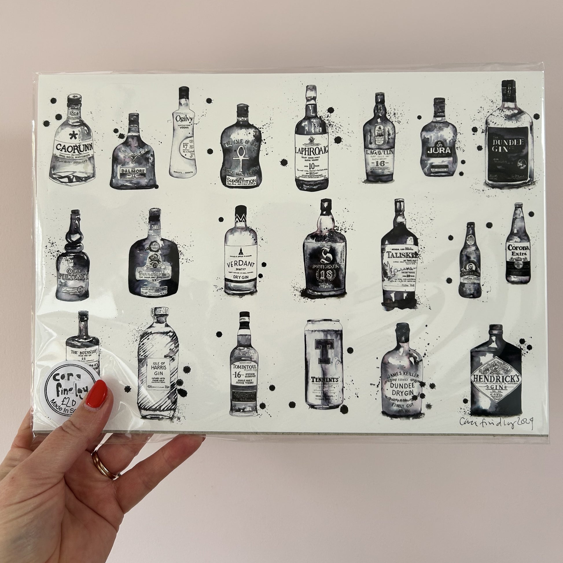 Cara Findlay Mixed Bottle monochrome print featuring hand-drawn gin, whisky, vodka and lager bottles