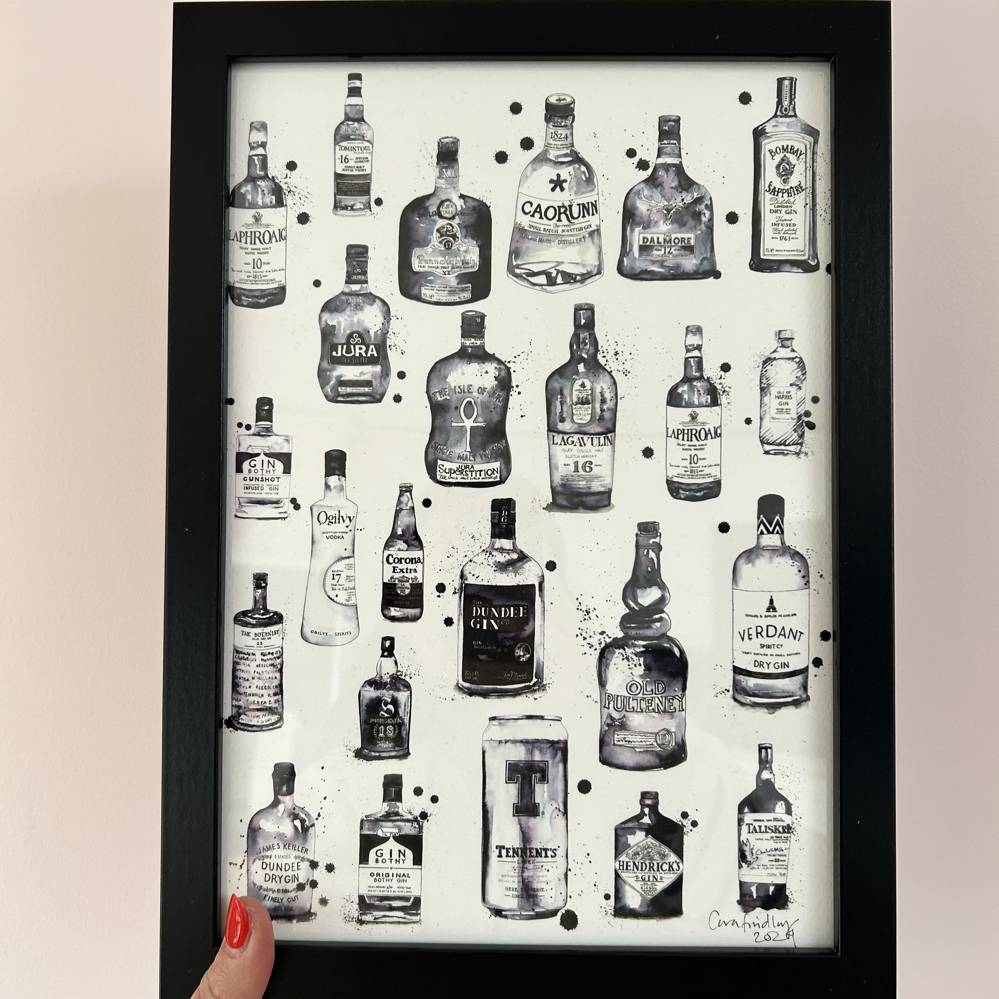 Cara Findlay Mixed Bottle monochrome print featuring hand-drawn gin, whisky, vodka and lager bottles