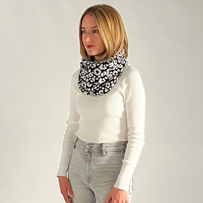 Mitchell + Black leopard print lambswool long snood handcrafted in Scotland