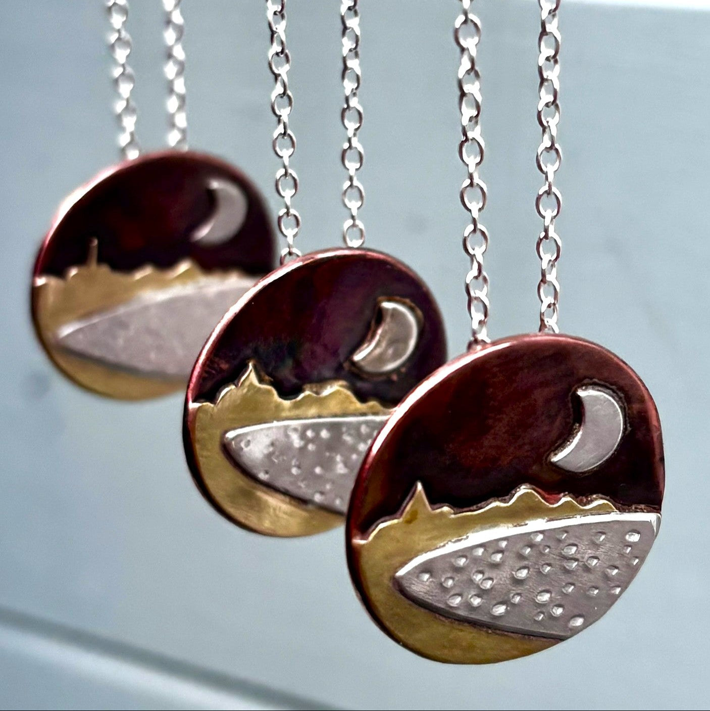 Carnoustie Bay landscape necklace by Rowan Berry Jewellery handmade in copper, brass and sterling silver