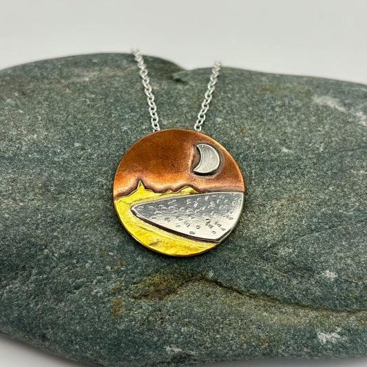 Carnoustie Bay landscape necklace by Rowan Berry Jewellery handmade in copper, brass and sterling silver