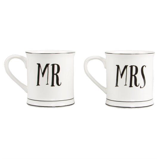 Monochrome Mr & Mrs couple mugs ceramic white with black text 350ml