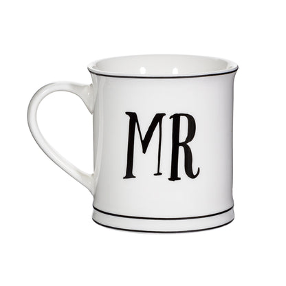 Monochrome Mr & Mrs couple mugs ceramic white with black text 350ml