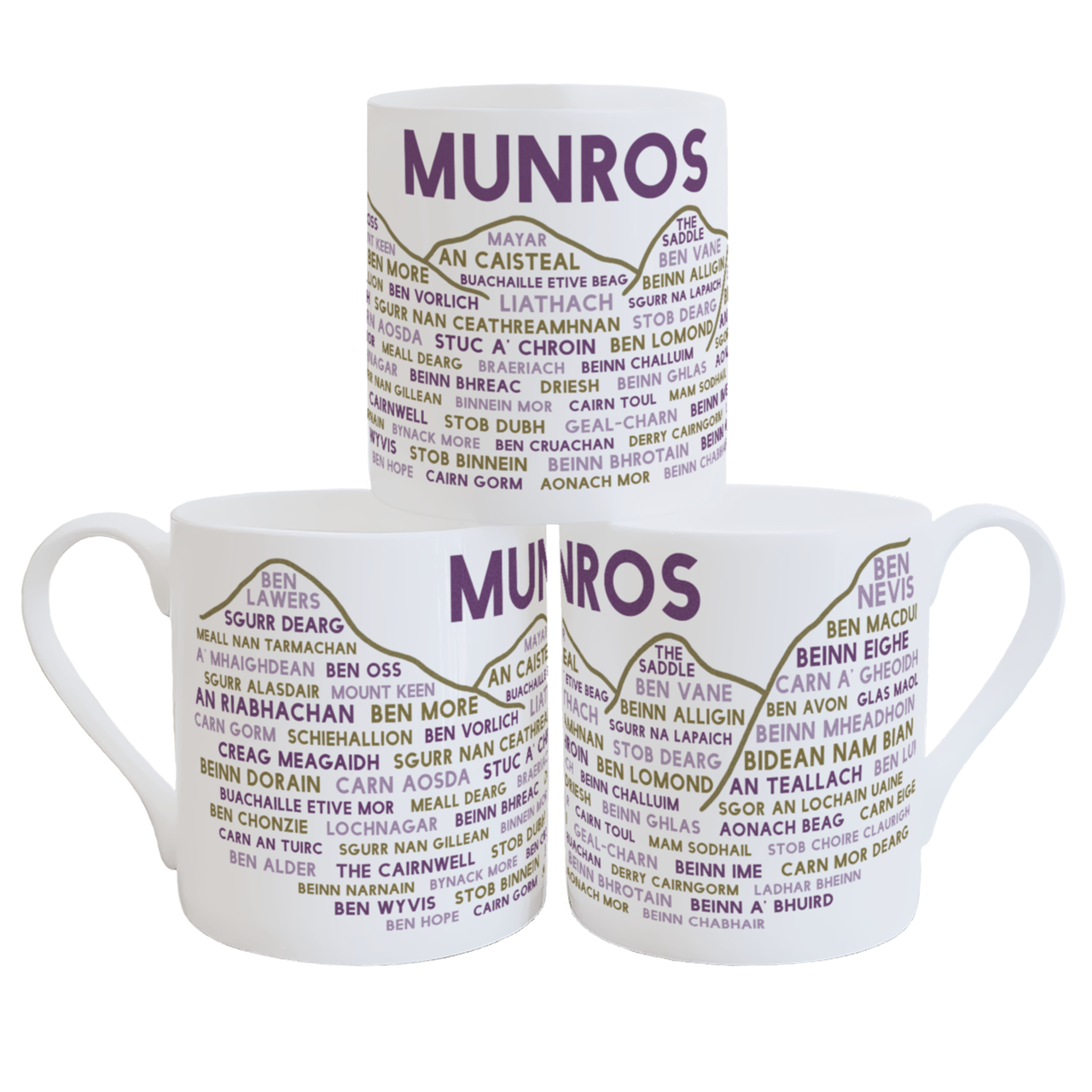 Scottish Munros fine bone china mug hand printed in Edinburgh with mountain illustration and famous Munro names