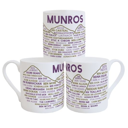 Scottish Munros fine bone china mug hand printed in Edinburgh with mountain illustration and famous Munro names