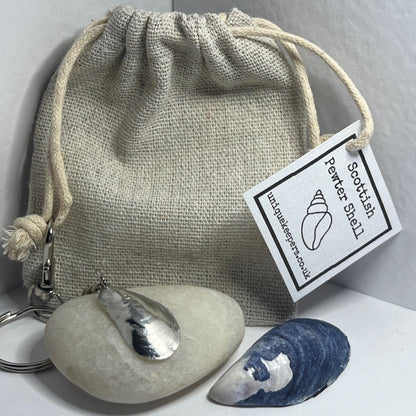 Pewter shell keyring handmade in Scotland cast from real shells gift bag