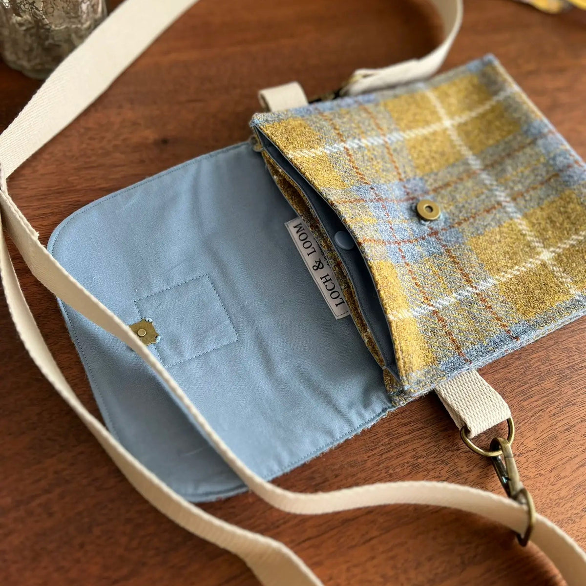 Harris Tweed crossbody bag handmade in Scotland with adjustable strap