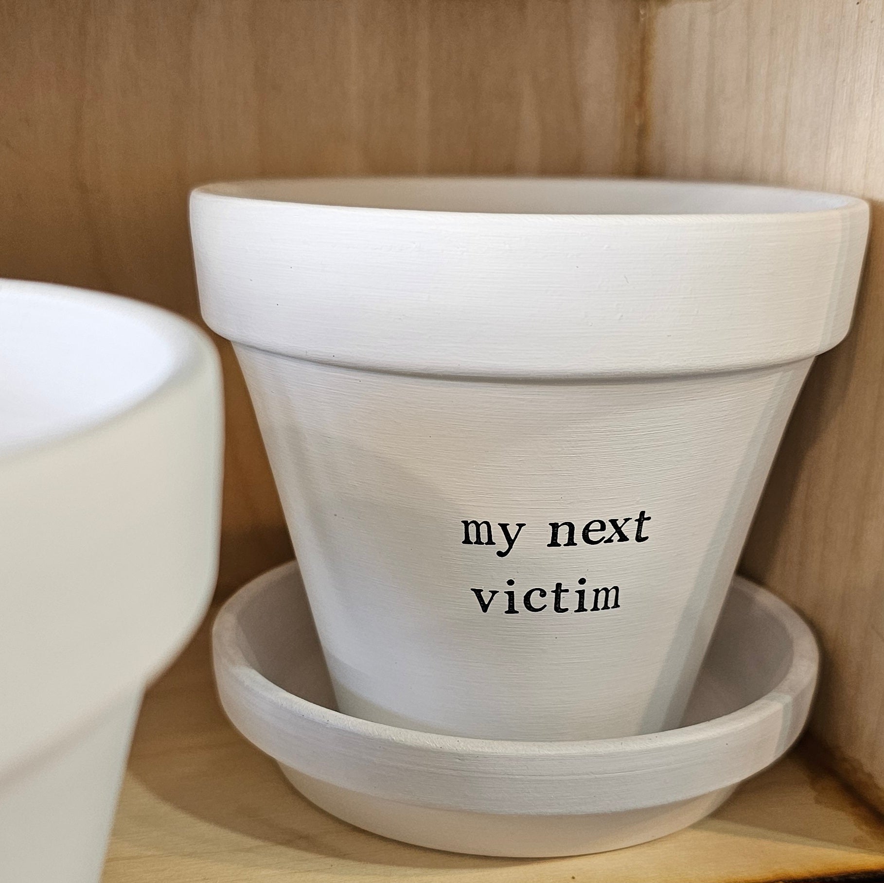 White painted terracotta pot with the text 'my next victim' on it, with matching saucer