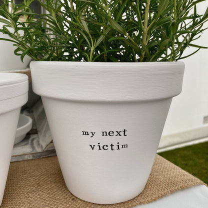 White painted terracotta pot with the text 'my next victim' on it, with matching saucer
