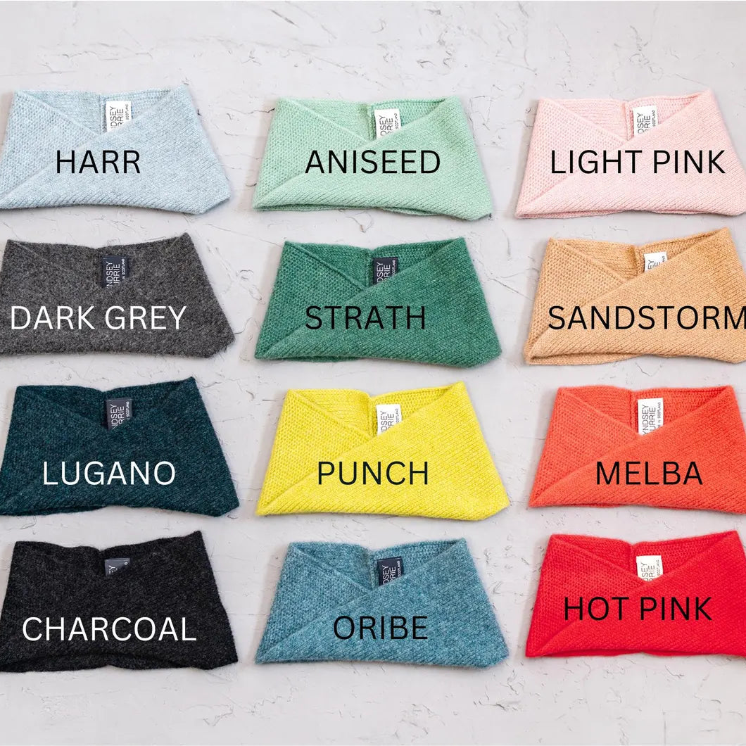 Single colour handmade Scottish lambswool headbands by Lyndsey Currie that can also be worn as a neck warmer