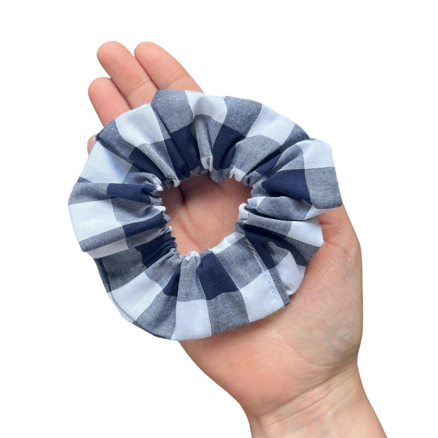 Handmade large cotton scrunchie in navy gingham fabric, soft and reusable accessory