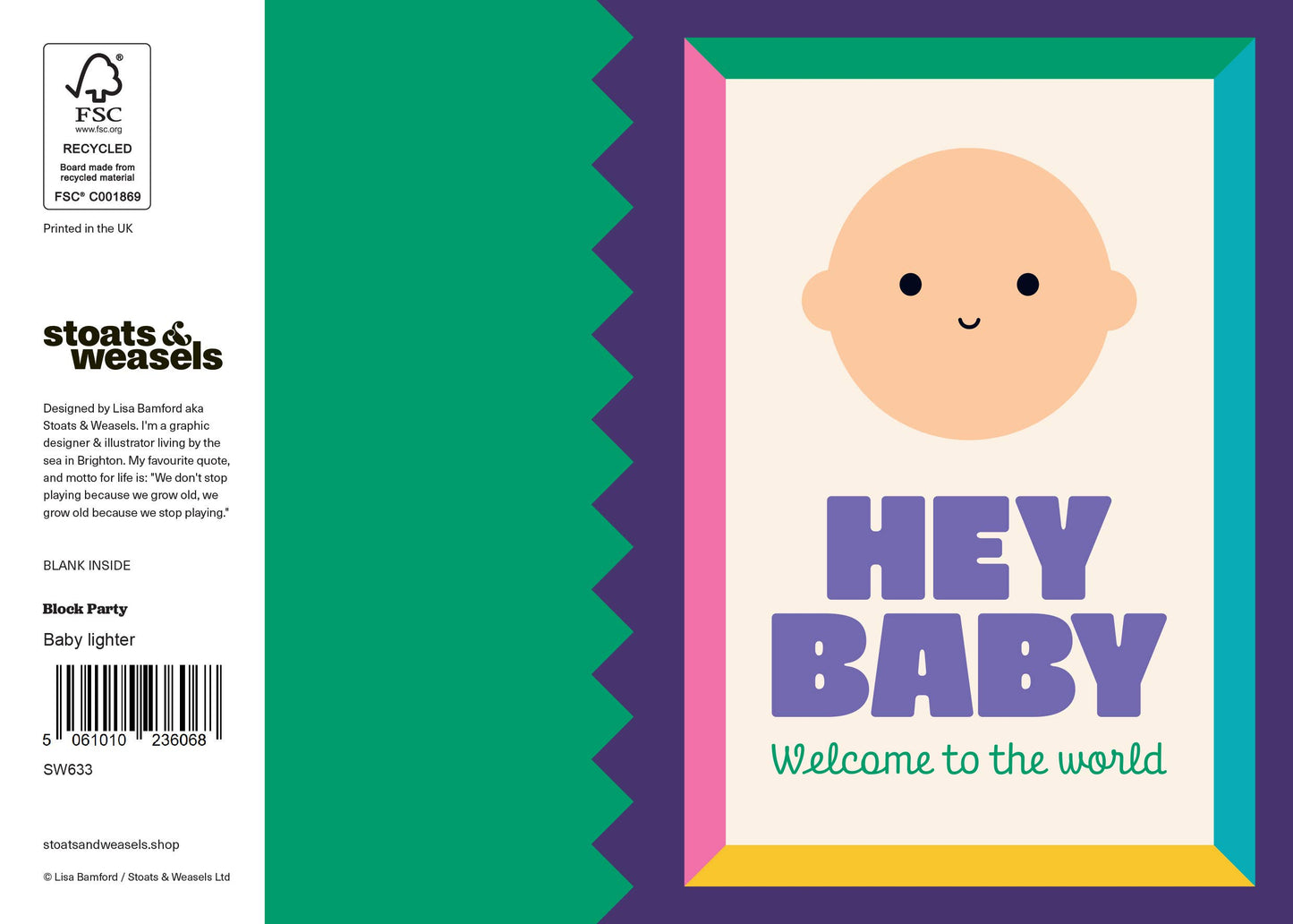 Hey Baby new baby greeting card by Stoats & Weasels with bold modern typography and colourful design