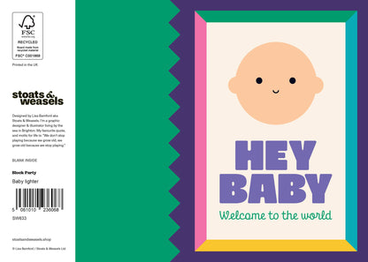 Hey Baby new baby greeting card by Stoats & Weasels with bold modern typography and colourful design