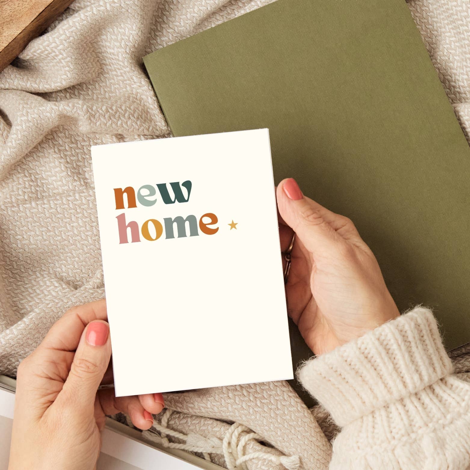 New home greeting card printed on textured A6 card with kraft envelope, simple modern housewarming design