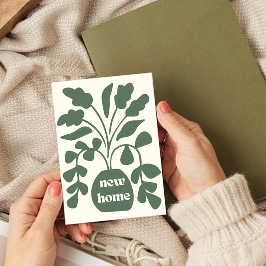 New Home A6 greeting card, houseplant-inspired design, blank inside, printed on 280gsm textured card with kraft envelope