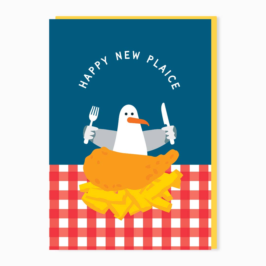 Happy New Plaice new home card by Stoats & Weasels featuring a seagull carrying a fish supper