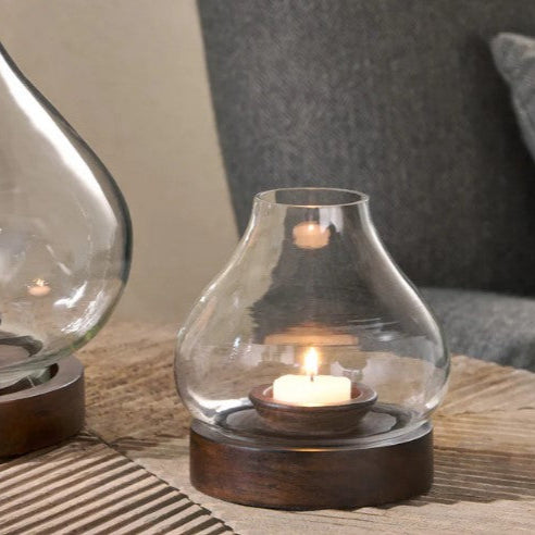 Naryla wooden and glass lantern mango wood tealight holder