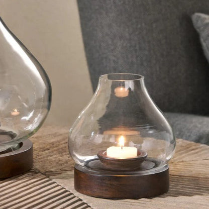 Naryla wooden and glass lantern mango wood tealight holder