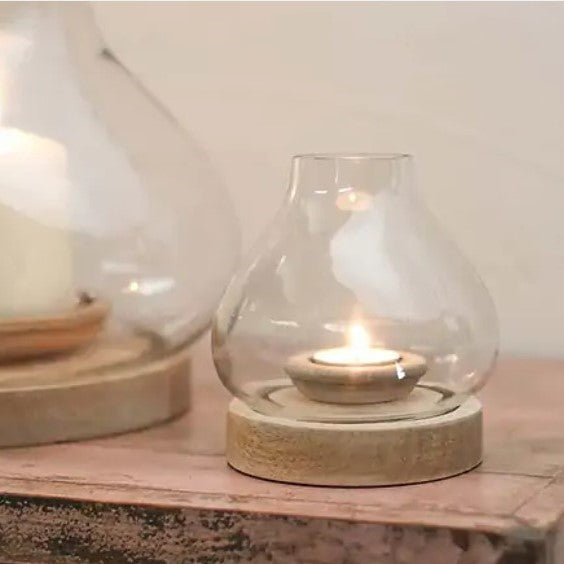 Naryla wooden and glass lantern mango wood tealight holder