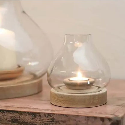 Naryla wooden and glass lantern mango wood tealight holder
