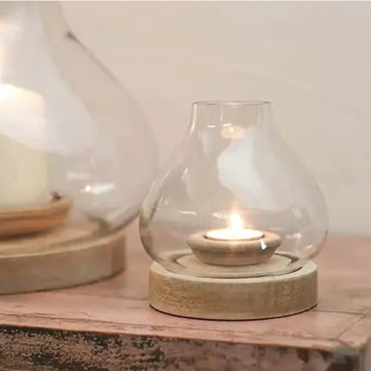 Naryla wooden and glass lantern mango wood tealight holder