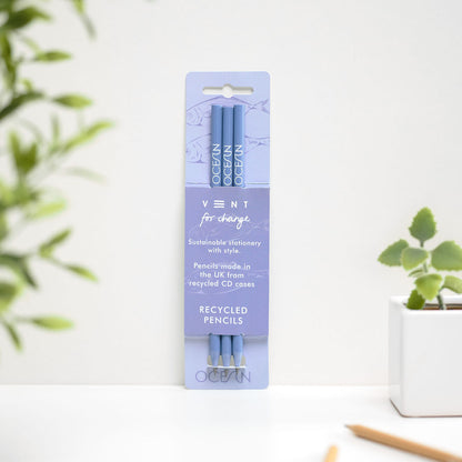 Pack of three OCEAN recycled graphite pencils in blue sleeve, made from CD cases with embossed design