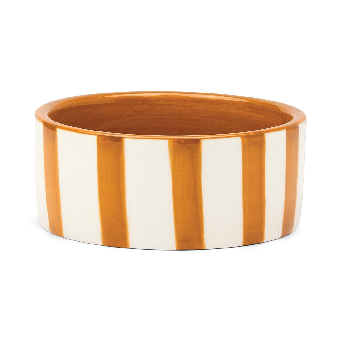 Izzy hand-painted ceramic wine coasters with ochre stripe design, food-safe and ideal for protecting surfaces or serving small snacks.