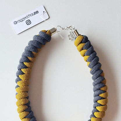 Ragged House recycled cotton two tone twist macrame necklace with Chinese snake knot statement design