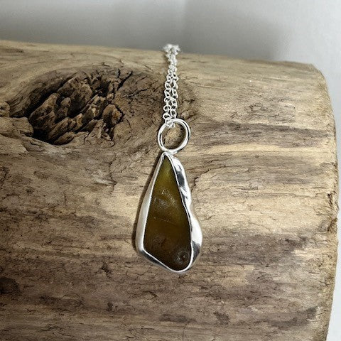 Olive green seaglass and sterling silver pendant necklace