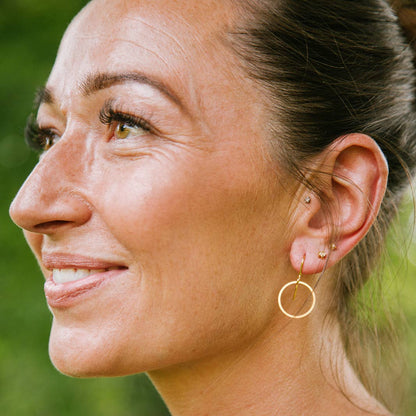 Gold-plated open circle earrings from the Copper Bee Simplicity Collection, handcrafted in the UK