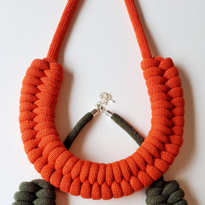 Ragged House large recycled cotton macrame cord knot necklace with figure 8 bow-shaped statement design