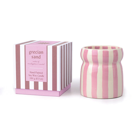 Paddywax Cabana striped ceramic candles in colourful hand-painted vessels with five coastal fragrance options