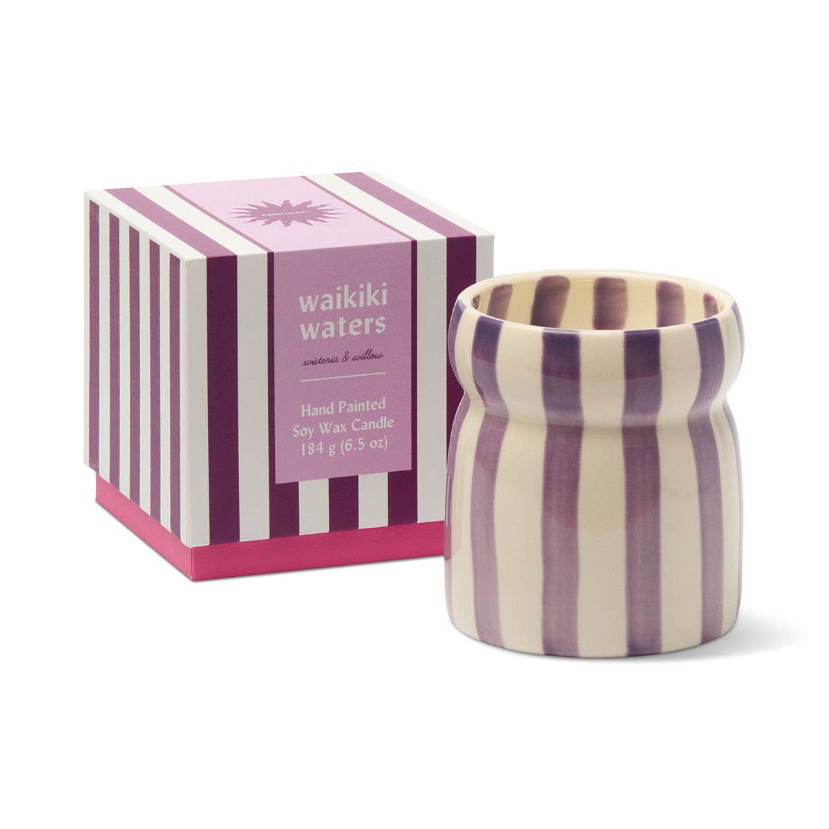 Paddywax Cabana striped ceramic candles in colourful hand-painted vessels with five coastal fragrance options
