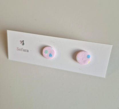 Pale Pink Multi Sefara round stud earrings on a branded card